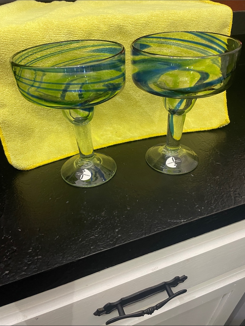 Handblown Green & Blue Swirl Margarita Glasses -Set of 2 -6 1/2 x 5